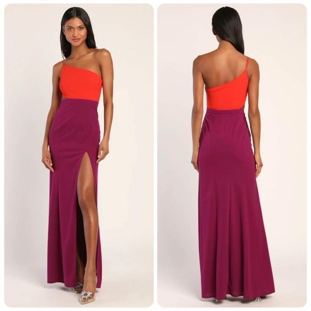 Maniju One Shoulder Floor Length Red Purple Formal Gown Cutout Maxi Dress Small